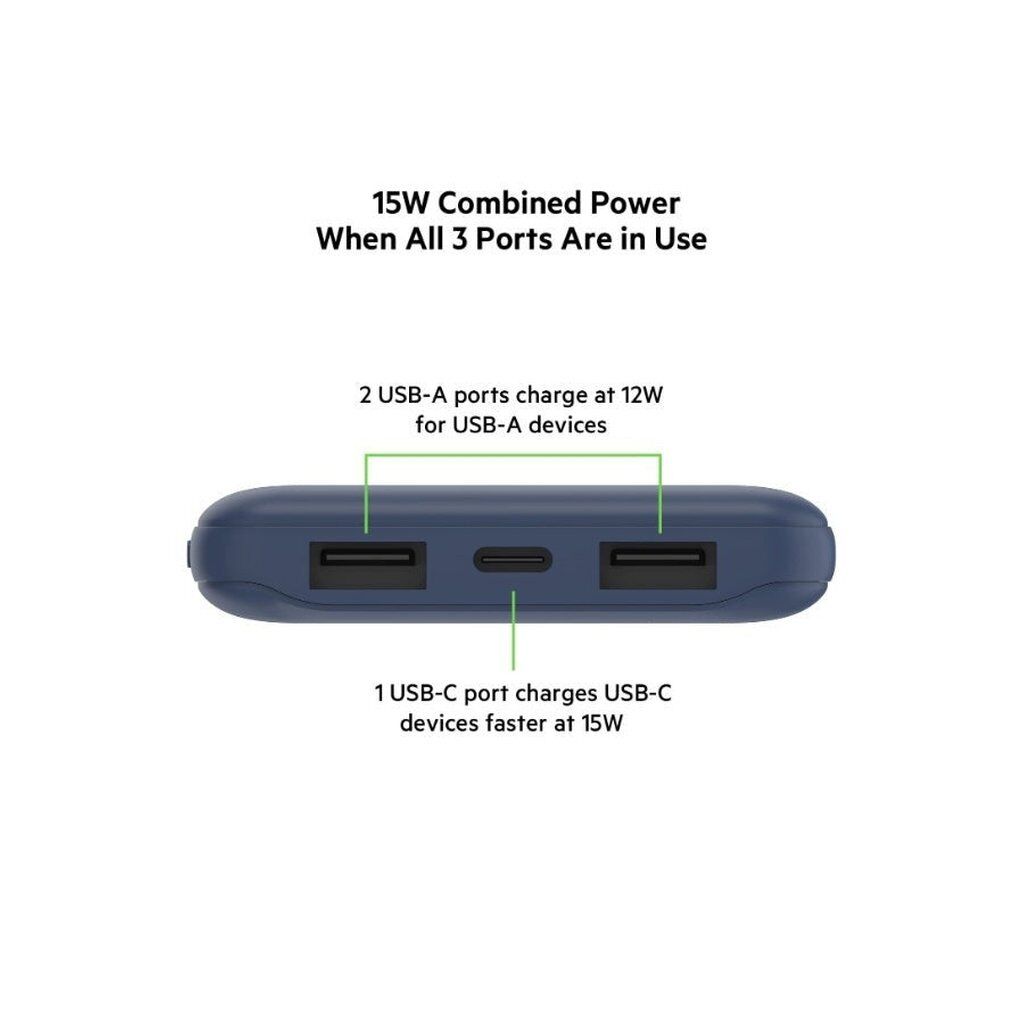 Belkin BoostCharge 10,000mAh Power Bank – 15W Portable Fast Charger with USB-C & Dual USB-A (Blue) - Image 3