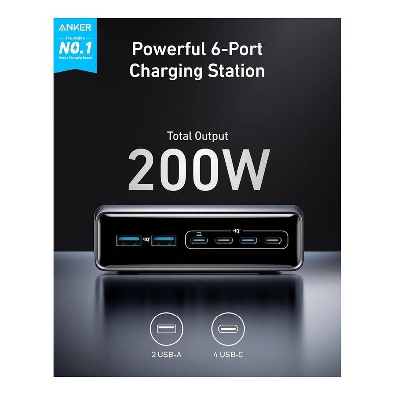 Anker Prime 200W 6-Port GaN Charging Station – Multi-Device Fast USB-C Charger with ActiveShield 3.0 (Silver) - Image 2