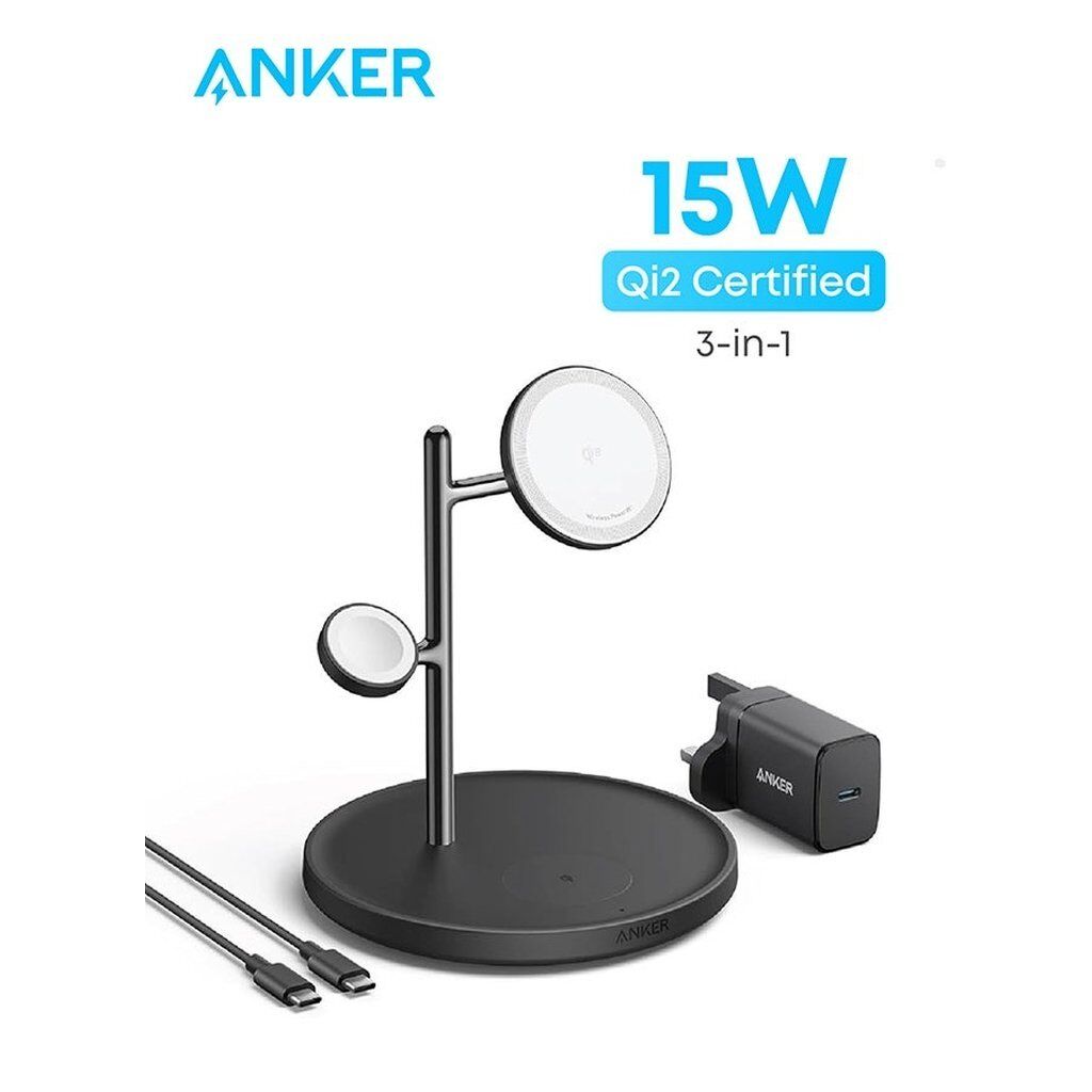 Anker MagGo 3-in-1 Wireless Charging Station – Qi2 Certified 15W MagSafe Charger for iPhone, Apple Watch & AirPods with 40W USB-C Adapter (Black) - Image 2