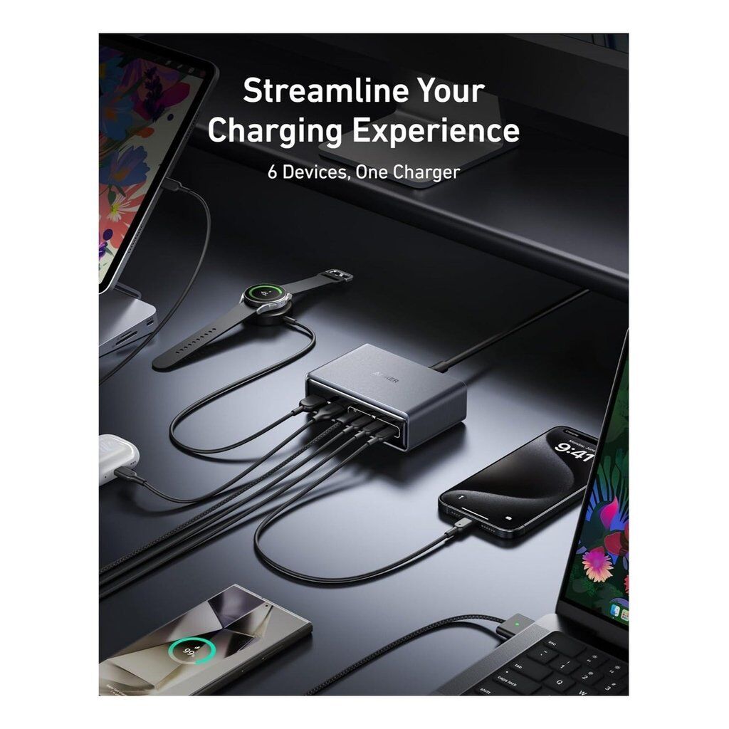 Anker Prime 200W 6-Port GaN Charging Station – Multi-Device Fast USB-C Charger with ActiveShield 3.0 (Silver) - Image 4