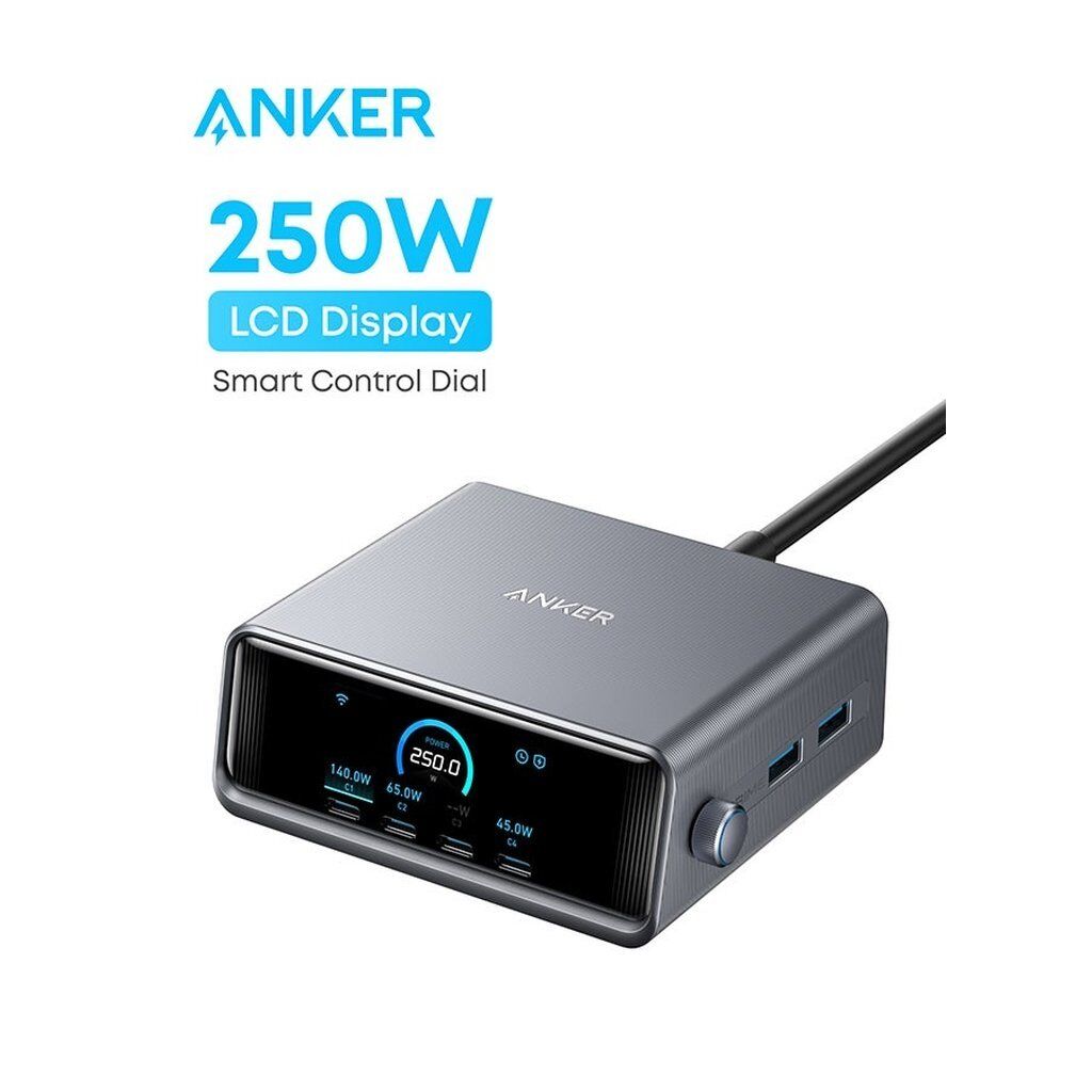 Anker Prime 250W GaN USB-C Charging Station – 6-Port Ultra-Fast Charger with LCD Display & Smart Control Dial (Silver)