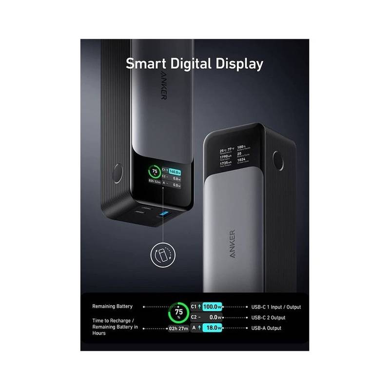 Anker 737 Power Bank (PowerCore 24K) – 24,000mAh 3-Port Portable Charger with 140W PD 3.1, GaNPrime Technology & Smart Display (Black) - Image 3