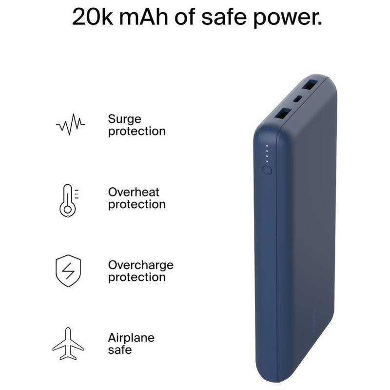 Belkin BoostCharge 20,000mAh Power Bank – 3-Port Portable Charger with USB-C & Dual USB-A, 15W Output, Cable Included (Blue) - Image 6