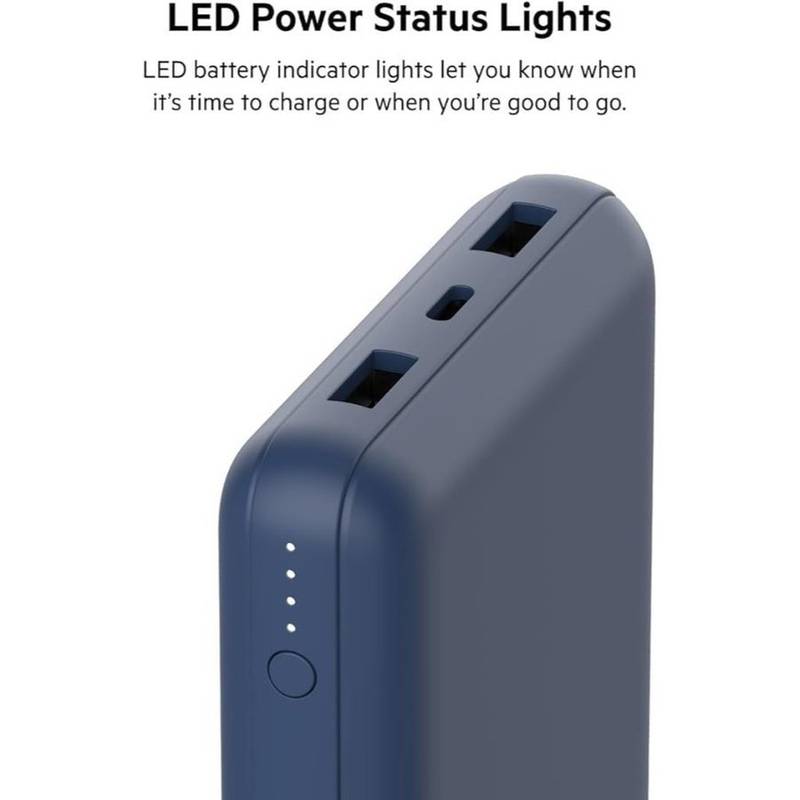 Belkin BoostCharge 20,000mAh Power Bank – 3-Port Portable Charger with USB-C & Dual USB-A, 15W Output, Cable Included (Blue) - Image 4