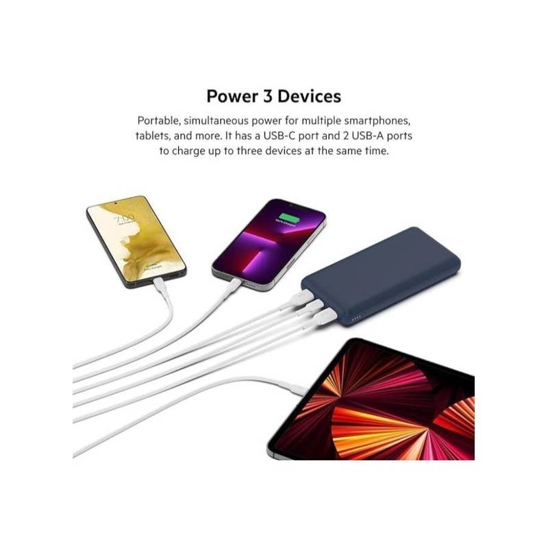 Belkin BoostCharge 20,000mAh Power Bank – 3-Port Portable Charger with USB-C & Dual USB-A, 15W Output, Cable Included (Blue) - Image 2